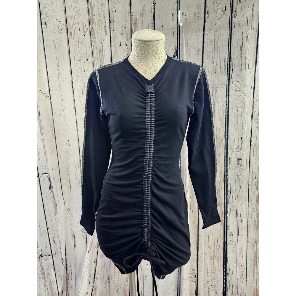 Akira Ruched Mini Dress Medium Black Solid Long Sleeve Contrast Stitch Edgy EUC
